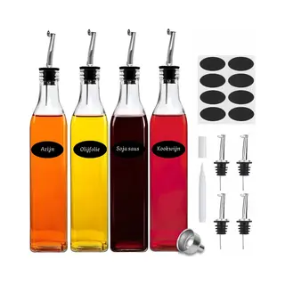 Five Stars® Olieflessen - 4 Delige Set - 500ML - Met Rvs Schenktuit, Trechter, Stickers & Stift - Olie- En Azijnstel - Glazen Oliefles - Olijfolie