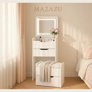 Mazazu - Kaptafel Met Spiegel - Led Spiegel - Nachtkast - Krukje – Compacte Make-up Tafel – Wit – 120 X 48 X40 Cm