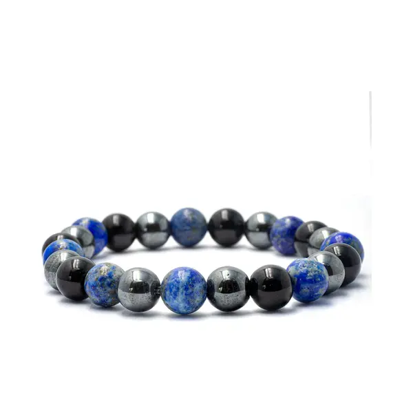 Bixorp Gems Lapis Lazuli + Hematiet + Onyx Edelstenen Armband - 8mm / 18cm - Triple Gemstone - Handgemaakte Edelsteen Armband thumbnail