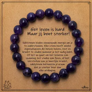 Bixorp Amethist Armband Op Cadeau Kaartje - Het Leven Is Hard, Maar Jij Bent Sterker! - 8mm / 18cm Edelsteen Kralenarmband - Inclusief Cadeau Envelop