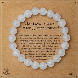 Bixorp Bergkristal Armband Op Cadeau Kaartje - Het Leven Is Hard, Maar Jij Bent Sterker! - 8mm / 18cm Edelsteen Kralenarmband - Inclusief Cadeau