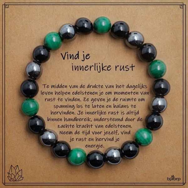 Bixorp Malachiet + Onyx + Hematiet Armband Op Cadeau Kaartje - Innerlijke Rust - 8mm / 18cm Edelsteen Kralenarmband - Inclusief Cadeau Envelop thumbnail