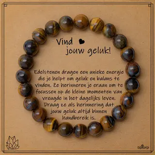 Bixorp Tijgeroog Armband Op Cadeau Kaartje - Vind Jouw Geluk - 8mm / 18cm Edelsteen Kralenarmband - Inclusief Cadeau Envelop