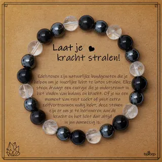 Bixorp Hematiet + Bergkristal + Obsidiaan Armband Op Cadeau Kaartje - Laat Je Kracht Stralen - 8mm / 18cm Edelsteen Kralenarmband - Inclusief Cadeau