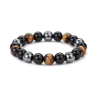 Bixorp Gems Tijgeroog + Hematiet + Onyx Edelstenen Armband - Gepolijste Edelsteen Kralenarmband - 8mm / 22cm