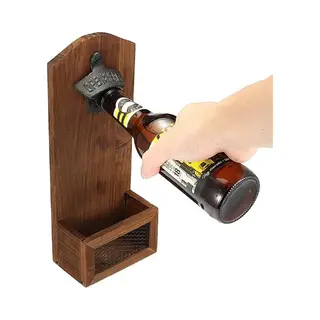 Bieropener Met Opvangbak - Flesopener Muur - Opener - Bier Accessoires - Muurbevestiging - Hout - Bruin