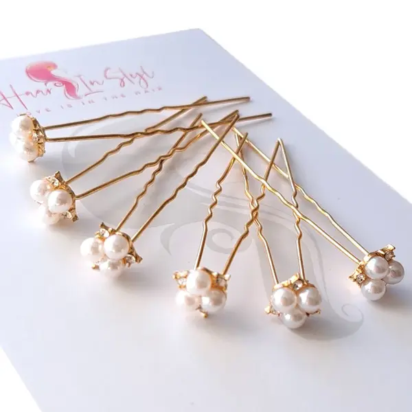 Haar In Stijl® Lulu Serie - Set Van 6 Parel 3-bloem Haarpinnen Goud - Haaraccessoires Voor Feest Bruiloft Verloving Bruidsmode thumbnail