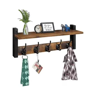 Luft Wandgarderobe Mit Ablage - 10 Haken - Hängend - Garderobenständer - Kleidung - Kleiderbügel - Vintage - Wand - Industriell - Holz - Garde Dressing