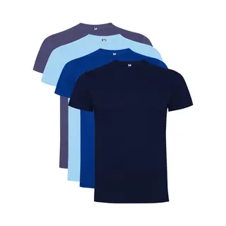 4 Pack Dogo Premium Unisex T-Shirt Merk Roly 100% Katoen Ronde Hals Konings Blauw, Licht Blauw, Denim Blauw, Donker Blauw Maat M