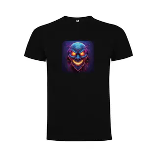 Zwart T-Shirt Met “ Kleurrijke Halloween Spooky Face In Paarse Tinten “ Print Full Color Maat Xl