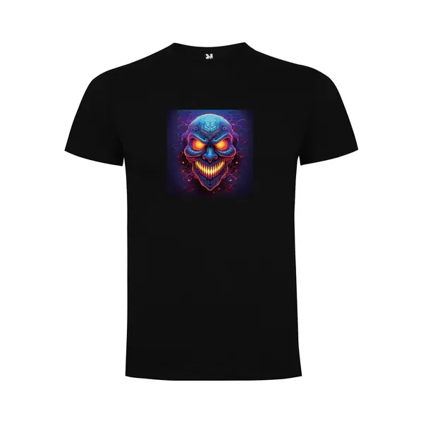 Zwart T-Shirt Met “ Kleurrijke Halloween Spooky Face In Paarse Tinten “ Print Full Color Maat Xl thumbnail