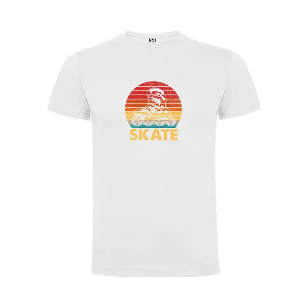 Wit T-Shirt Met Kleurrijke Print “ Rollerskate – Skate – Sport – Back To The 80's And 90's “ Print Full Color Maat M thumbnail