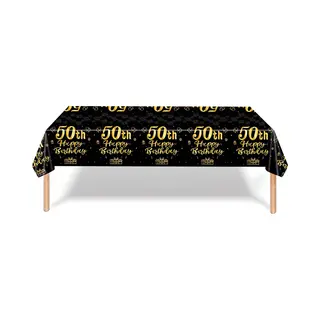 Q2P Tafelkleed 50 Jaar Verjaardag Versiering Tafelloper Plastic Tafelzeil Zwart Goud Feest Tafellaken Xl Formaat 137*274cm