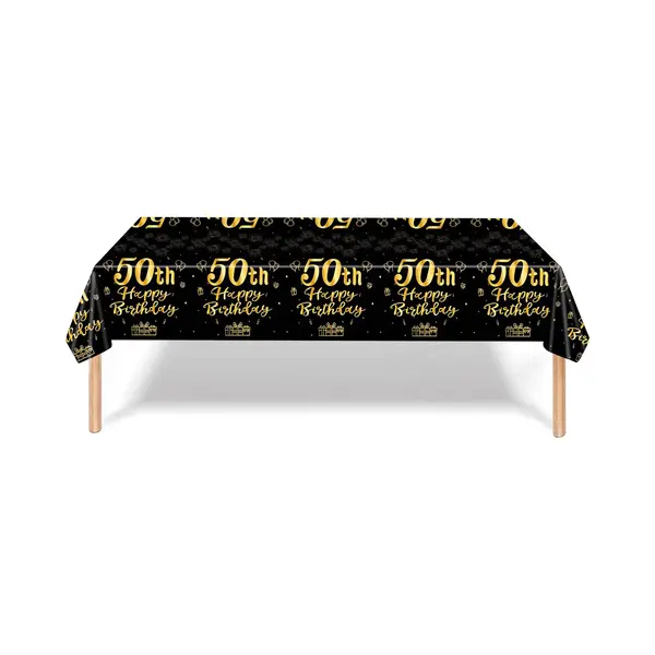 Q2P Tafelkleed 50 Jaar Verjaardag Versiering Tafelloper Plastic Tafelzeil Zwart Goud Feest Tafellaken Xl Formaat 137*274cm thumbnail
