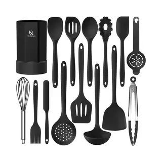 Hi Nature™ Keukengerei Set 15 Delig - Siliconen Spatels - Hittebestendig - Zwart