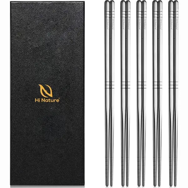 Hi Nature™ Luxe Chopsticks Set - Koreaanse Eetstokjes - Herbruikbaar En Vaatwasserbestendig - Zilver (5 Paar) thumbnail