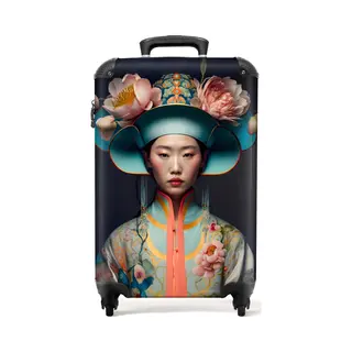 NoBoringSuitcases.com® - Handbagage Koffer Lichtgewicht - Reiskoffer Trolley - Vrouw - Asian - Portret - Kleding - Bloemen - Reis Rolkoffer Met