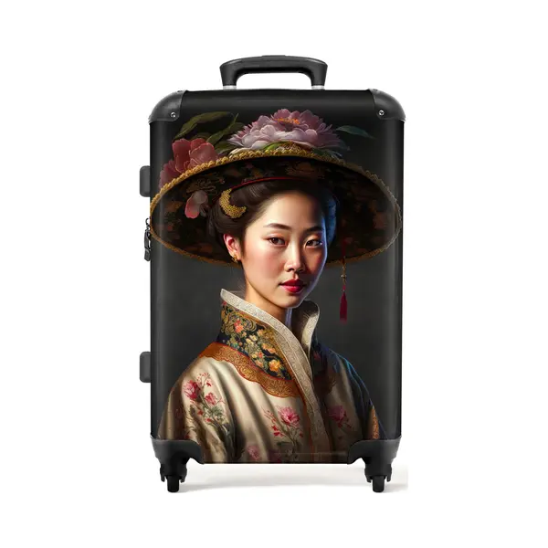 NoBoringSuitcases.com® - Koffer Groot - Rolkoffer Lichtgewicht - Vrouw - Portret - Bloemen - Hoed - Aziatisch - Reiskoffer Met 4 Wielen - Valies thumbnail