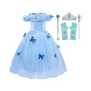 Prinsessenjurk Meisje - Blauwe Jurk Met Vlinders - Maat 122/128 - Het Betere Merk - Verkleedkleding Meisje - Kroon, Toverstaf, Vlecht & Handschoenen