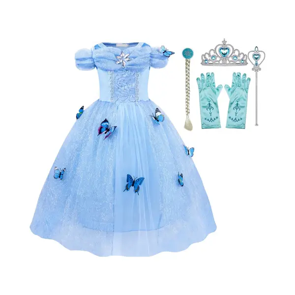 Prinsessenjurk Meisje - Blauwe Jurk Met Vlinders - Maat 122/128 - Het Betere Merk - Verkleedkleding Meisje - Kroon, Toverstaf, Vlecht & Handschoenen thumbnail