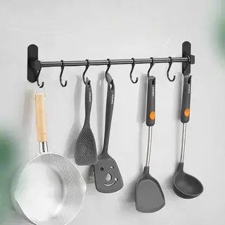 Ruimtebesparende Keukengerei Wandbeugel-keukengereihouder Met 8haakjes-Aluminium Keukenrail -49.5CM-zwart