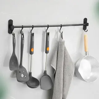 Ruimtebesparende Keukengerei Wandbeugel-keukengereihouder Met 6haakjes-Aluminium Keukenrail -40CM-zwart