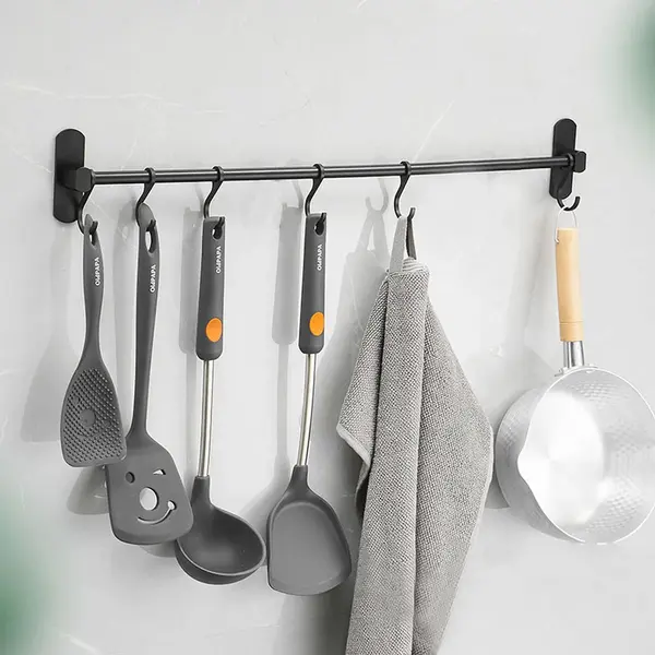 Ruimtebesparende Keukengerei Wandbeugel-keukengereihouder Met 6haakjes-Aluminium Keukenrail -40CM-zwart thumbnail