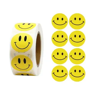 Fako Bijoux 500 Stickers Op Rol - 2.5cm - Emoji / Smiley Geel - Beloningsstickers - Stickers Kinderen - Sluitsticker - Sluitzegel - 25mm - 500 Stuks