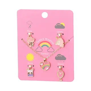 Fako Bijoux® - Kinderketting Op Kaart Met Extra Bedeltjes - 42cm - 5 Bedeltjes - Serie 3