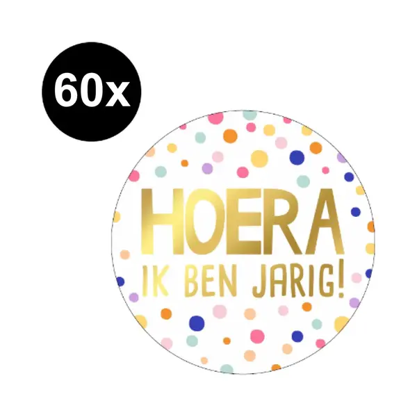 Fako Bijoux 60x Sticker Hoera Ik Ben Jarig - 38mm - Hoera Goudfolie - Verjaardag - Sluitsticker - Sluitzegel - Cadeau Sticker - Stippen Multicolor - 60 Stuks thumbnail