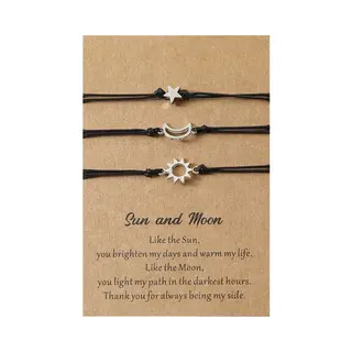 Vriendschapsarmbandjes Voor 3 Met Ster, Maan & Zon - Zilverkleurig Met Zwarte Bandjes - Bff Armband Op Cadeau Kaartje - Pax Amare