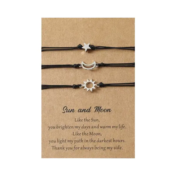 Vriendschapsarmbandjes Voor 3 Met Ster, Maan & Zon - Zilverkleurig Met Zwarte Bandjes - Bff Armband Op Cadeau Kaartje - Pax Amare thumbnail