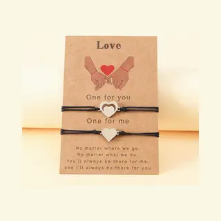 Vriendschapsarmbandjes Voor 2 Met Hartjes "Love" Zilverkleurig - Zwarte Bandjes - Bff Armband Op Cadeau Kaartje - Pax Amare