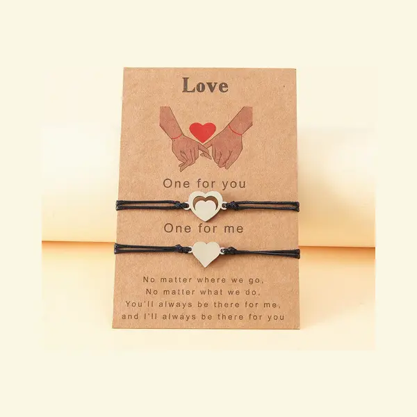 Vriendschapsarmbandjes Voor 2 Met Hartjes "Love" Zilverkleurig - Zwarte Bandjes - Bff Armband Op Cadeau Kaartje - Pax Amare thumbnail