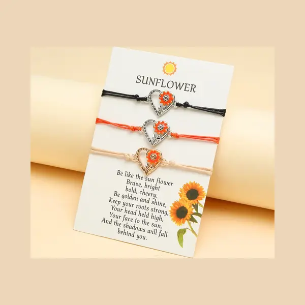 Vriendschapsarmbandjes Voor 3 Met Zonnebloem Hartje - Rode, Zwarte & Beige Bandjes - Bff Armband Op Cadeau Kaartje - Pax Amare thumbnail