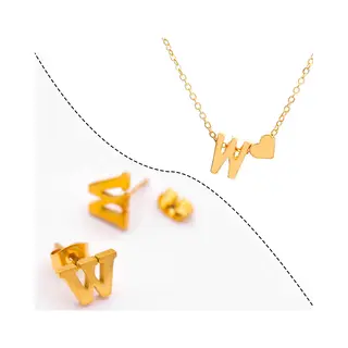 Initiaal Ketting & Oorbellen Set Met Letter W Goudkleurig - Stainless Steel - Met Letter & Hartje! - 2x Sieraden Cadeau - Pax Amare