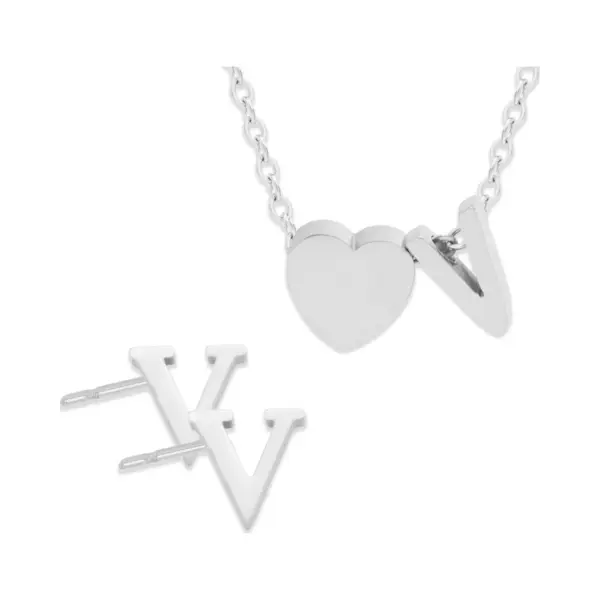 Initiaal Ketting & Oorbellen Set Met Letter V ZIlverkleurig - Stainless Steel - Met Letter & Hartje! - 2x Sieraden Cadeau - Pax Amare thumbnail