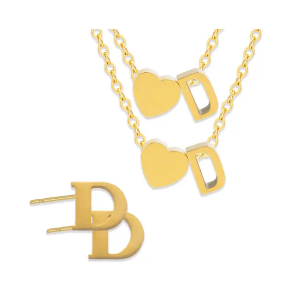 Initiaal Ketting & Armband & Oorbellen Set Met Letter D Goudkleurig - Stainless Steel - Met Letter & Hartje! - 3x Sieraden Cadeau - Pax Amare thumbnail