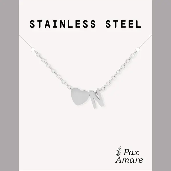 Letter N Ketting Zilverkleurig - Stainless Steel - Initiaal & Hartje Hanger - Initialen Ketting Op Cadeau Kaartje - Pax Amare thumbnail