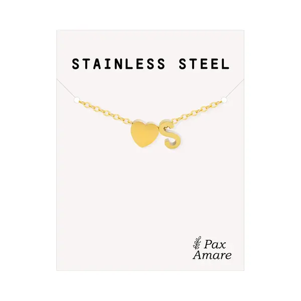 Letter S Armband Goudkleurig - Stainless Steel - Initiaal & Hartje Hanger - Initialen Armband Op Cadeau Kaartje - Pax Amare - 15, 5cm + 5cm thumbnail