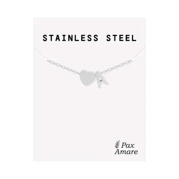 Letter A Armband Zilverkleurig - Stainless Steel - Initiaal & Hartje Hanger - Initialen Armband Op Cadeau Kaartje - Pax Amare - 15, 5cm + 5cm thumbnail