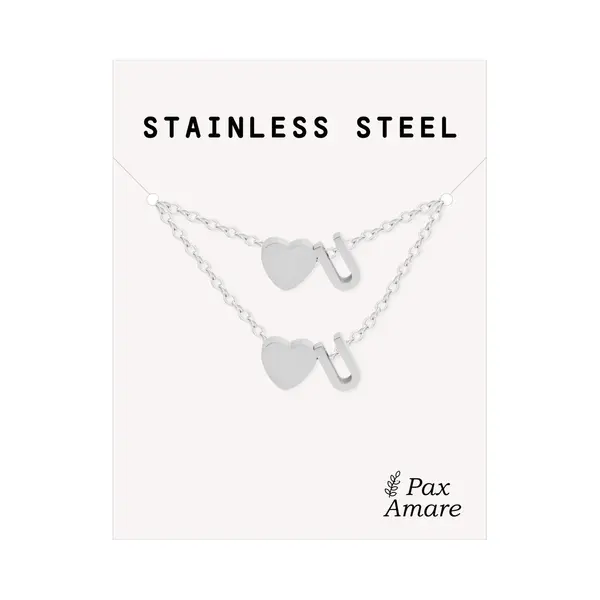 Pax Amare Initiaal Ketting & Armband Set Met Letter U Zilverkleurig - Stainless Steel - Met Letter & Hartje! - Naam Ketting Cadeau - Sieraden Set Op Kaartje - thumbnail