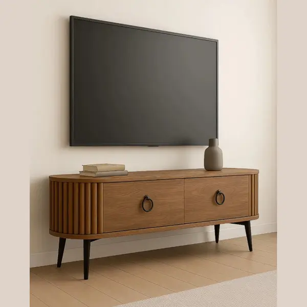Moka Park - Ovale Tv Meubel - Stijlvol En Functioneel Design Tv Meubel - Tv Kast Met Decoratieve Latjes - 120 Cm - Bruin thumbnail