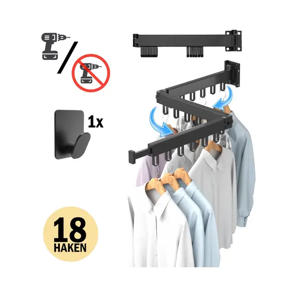 Play-It Play It Wanddroogrek 127cm Inklapbaar 18 Haken Zwart - Wasrek/Droogrek Hangend + Handdoek Haakje thumbnail