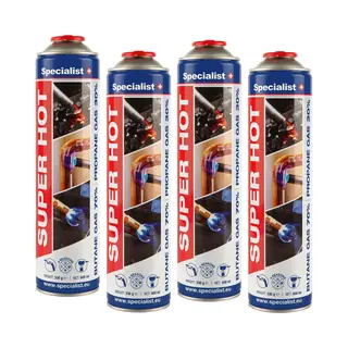 Gasflessen - 4 Stuks X 600ml - EN417 Schroefventiel - Gasfles - Specialist+ Super Hot , 7/16 Europese Standaard Schroefdraad. Gasbus , Gaspatroon