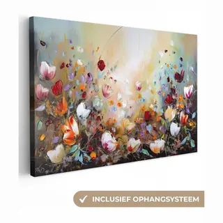 OneMillionCanvasses Canvas Schilderij 120x80 Cm - Wanddecoratie Olieverf - Bloemen - Kleurrijk - Natuur - Muurdecoratie Woonkamer - Slaapkamer Decoratie - Kamer