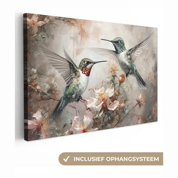 OneMillionCanvasses Canvas Schilderij 180x120 Cm - Wanddecoratie Kolibrie - Vogels - Bloemen - Planten - Muurdecoratie Woonkamer - Slaapkamer Decoratie - Kamer thumbnail