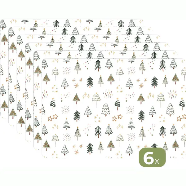 KitchenYeah Placemat - Placemats Kunststof - 45x30 Cm - Kerstboom - Sterren - Wit - Kerst - Feest - 6 Stuks - Borden Onderleggers Antislip - Tafel Decoratie - thumbnail