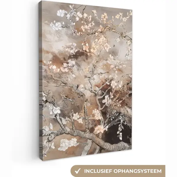 OneMillionCanvasses Canvas Schilderij 80x120 Cm - Wanddecoratie Amandelbloesem - Kunst - Van Gogh - Beige - Abstract - Muurdecoratie Woonkamer - Slaapkamer Decoratie - thumbnail