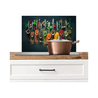 KitchenYeah® Spatscherm Keuken 70x50 Cm - Kookplaat Achterwand - Specerijen - Kruiden - Lepels - Muurbeschermer - Spatwand Fornuis - Hoogwaardig